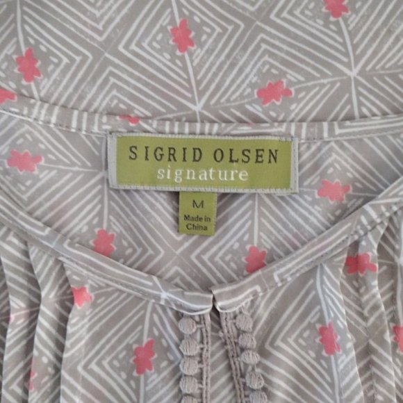 Sigrid Olsen Gray & Pink keyhole pleat long sleeve lightweight tunic blouse Sz M - Picture 8 of 8